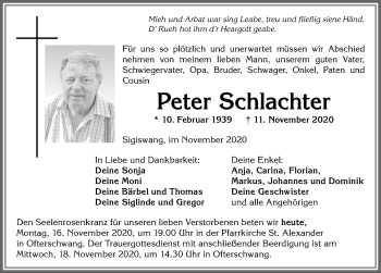 Traueranzeige von Peter Schlachter von Allgäuer Anzeigeblatt