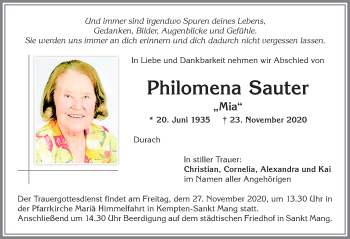 Traueranzeige von Philomena Sauter von Allgäuer Zeitung,Kempten