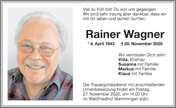 Traueranzeige von Rainer Wagner von Memminger Zeitung