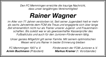 Traueranzeige von Rainer Wagner von Memminger Zeitung