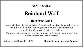 Traueranzeige von Reinhard Wolf von Allgäuer Zeitung,Kempten