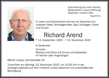 Traueranzeige von Richard Arend von Der Westallgäuer