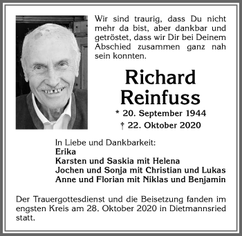 Traueranzeige von Richard Reinfuss von Allgäuer Zeitung,Kempten