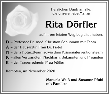 Traueranzeige von Rita Dörfler von Allgäuer Zeitung,Kempten