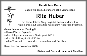 Traueranzeige von Rita Huber von Allgäuer Zeitung,Kempten