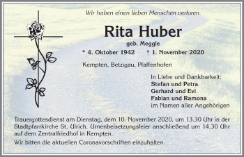 Traueranzeige von Rita Huber von Allgäuer Zeitung,Kempten