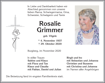 Traueranzeige von Rosalie Grimmer von Allgäuer Anzeigeblatt