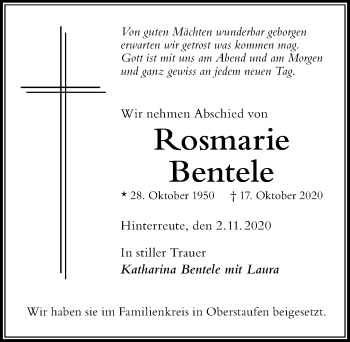 Traueranzeige von Rosemarie Bentele von Der Westallgäuer