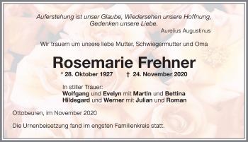 Traueranzeige von Rosemarie Frehner von Memminger Zeitung
