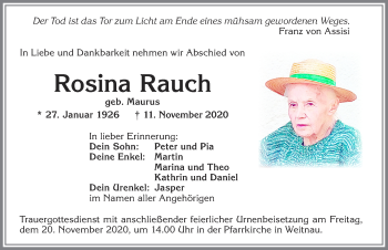 Traueranzeige von Rosina Rauch von Allgäuer Zeitung,Kempten