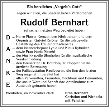 Traueranzeige von Rudolf Bernhart von Allgäuer Zeitung, Kaufbeuren/Buchloe