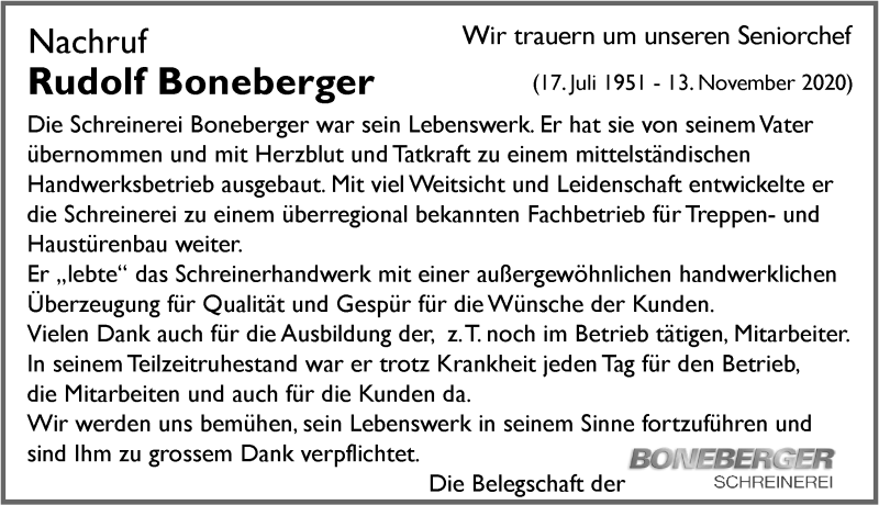  Traueranzeige für Rudolf Boneberger vom 24.11.2020 aus Memminger Zeitung