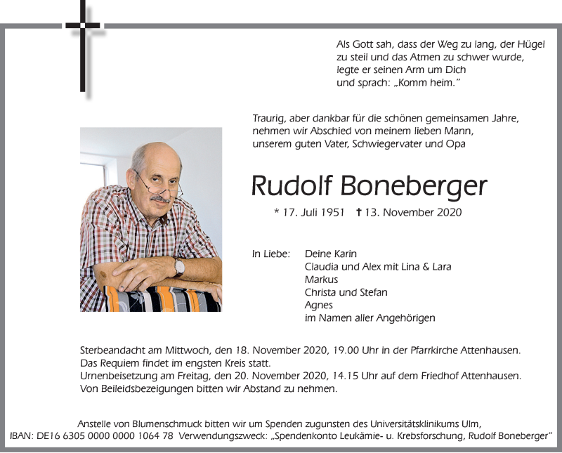  Traueranzeige für Rudolf Boneberger vom 17.11.2020 aus Memminger Zeitung