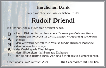 Traueranzeige von Rudolf Driendl von Allgäuer Zeitung, Marktoberdorf