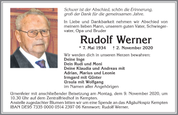 Traueranzeige von Rudolf Werner von Allgäuer Zeitung,Kempten