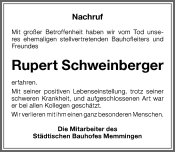 Traueranzeige von Rupert Schweinberger von Memminger Zeitung