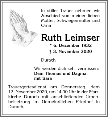 Traueranzeige von Ruth Leimser von Allgäuer Zeitung,Kempten
