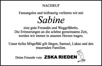 Traueranzeige von Sabine  von Allgäuer Zeitung, Füssen