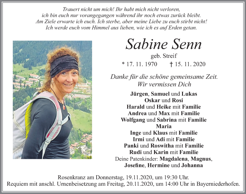  Traueranzeige für Sabine Senn vom 19.11.2020 aus Allgäuer Zeitung, Füssen