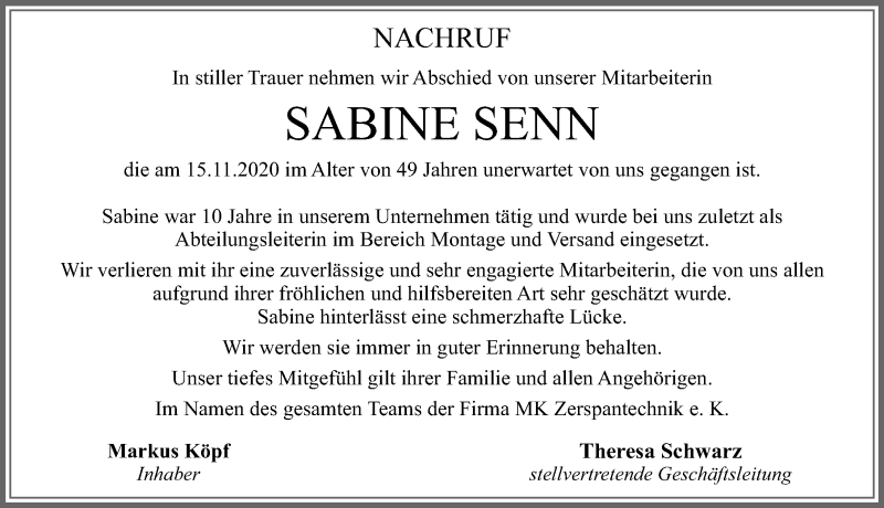  Traueranzeige für Sabine Senn vom 21.11.2020 aus Allgäuer Zeitung, Füssen