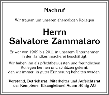 Traueranzeige von Salvatore Zammataro von Allgäuer Zeitung,Kempten