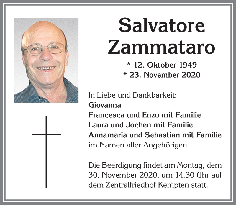  Traueranzeige für Salvatore Zammataro vom 26.11.2020 aus Allgäuer Zeitung,Kempten