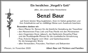 Traueranzeige von Senzi Baur von Allgäuer Zeitung, Kaufbeuren/Buchloe