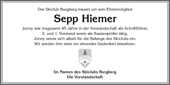 Traueranzeige von Sepp Hiemer von Allgäuer Anzeigeblatt