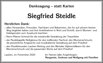 Traueranzeige von Siegfried Steidle von Allgäuer Zeitung,Kempten