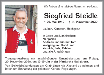 Traueranzeige von Siegfried Steidle von Allgäuer Zeitung,Kempten