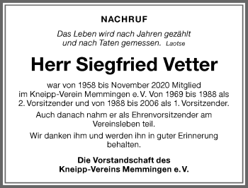 Traueranzeige von Siegfried Vetter von Memminger Zeitung