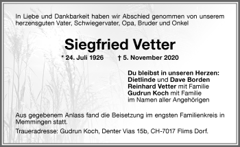 Traueranzeige von Siegfried Vetter von Memminger Zeitung
