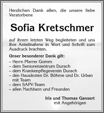 Traueranzeige von Sofia Kretschmer von Allgäuer Zeitung,Kempten