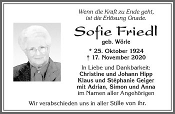 Traueranzeige von Sofie Friedl von Allgäuer Zeitung, Füssen