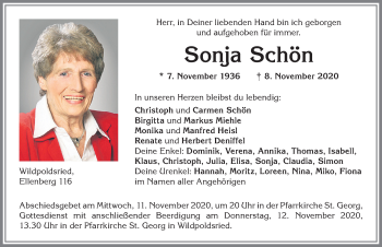Traueranzeige von Sonja Schön von Allgäuer Zeitung,Kempten