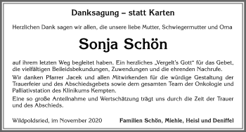 Traueranzeige von Sonja Schön von Allgäuer Zeitung,Kempten