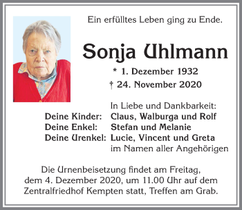 Traueranzeige von Sonja Uhlmann von Allgäuer Zeitung,Kempten