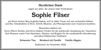 Traueranzeige von Sophie Filser von Allgäuer Zeitung, Marktoberdorf