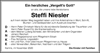 Traueranzeige von Steffi Niesler von Memminger Zeitung