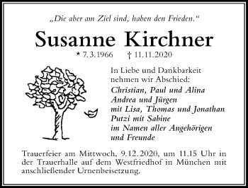 Traueranzeige von Susanne Kirchner von Der Westallgäuer