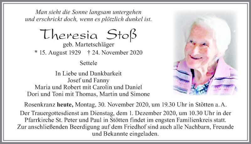  Traueranzeige für Theresia Stoß vom 30.11.2020 aus Allgäuer Zeitung, Marktoberdorf