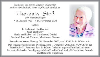 Traueranzeige von Theresia Stoß von Allgäuer Zeitung, Marktoberdorf