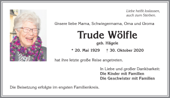 Traueranzeige von Trude Wölfle von Allgäuer Anzeigeblatt