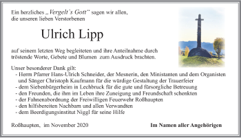 Traueranzeige von Ulrich Lipp von Allgäuer Zeitung, Füssen