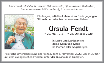 Traueranzeige von Ursula Fendt von Allgäuer Zeitung,Kempten