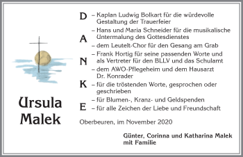 Traueranzeige von Ursula Malek von Allgäuer Zeitung, Kaufbeuren/Buchloe