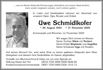 Traueranzeige von Uwe Schmidlkofer von Allgäuer Anzeigeblatt