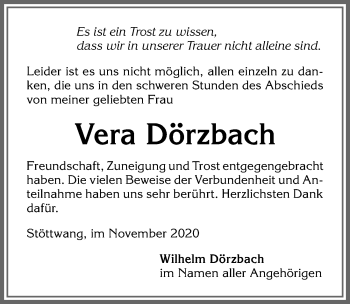 Traueranzeige von Vera Dörzbach von Allgäuer Zeitung, Kaufbeuren/Buchloe
