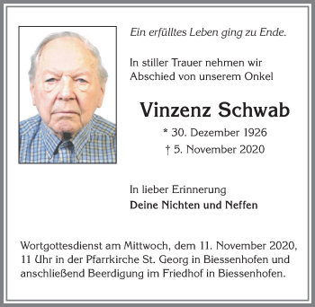 Traueranzeige von Vinzenz Schwab von Allgäuer Zeitung, Marktoberdorf