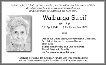 Traueranzeige von Walburga Streif von Allgäuer Zeitung, Füssen